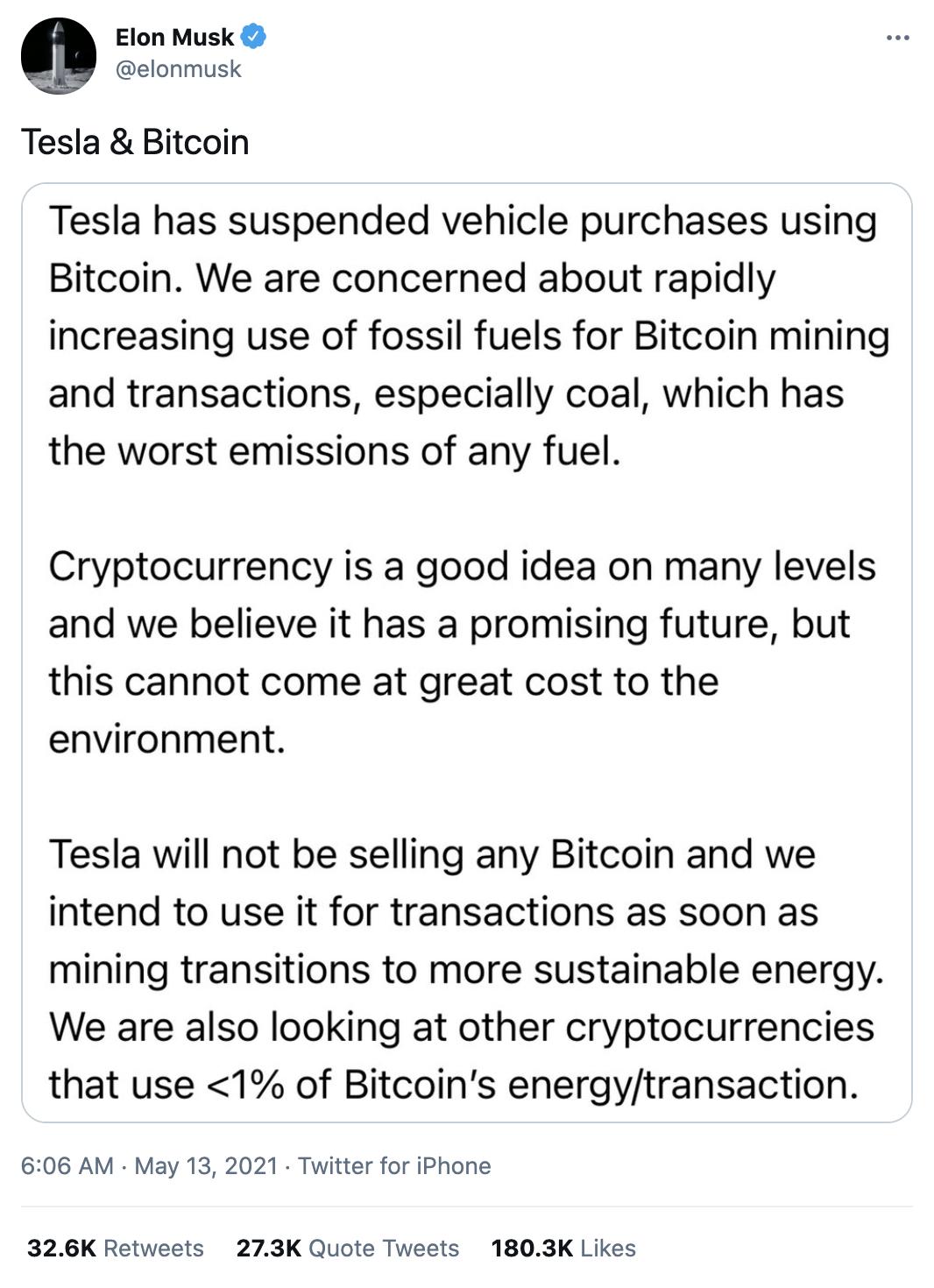 马斯克：特斯拉暂停使用比特币支付，正在考虑使用能源消耗更低的加密货币