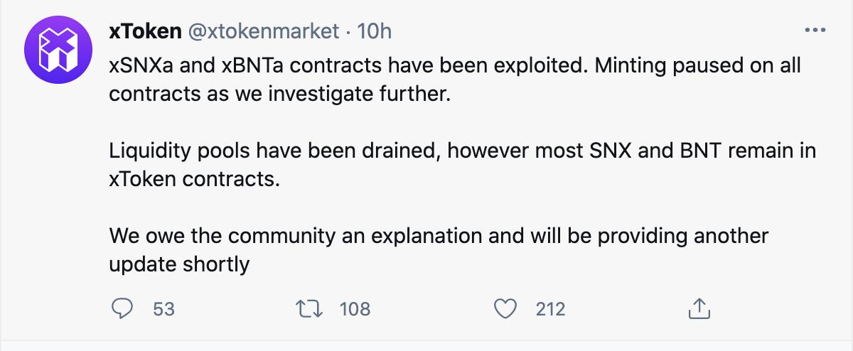 DeFi协议 xToken 遭受闪电贷攻击，损失2450万美元