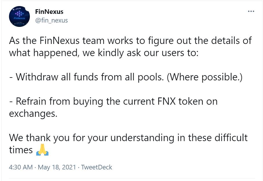 FinNexus官方：请提取资金池中所有资金，避免在交易所购买FNX代币