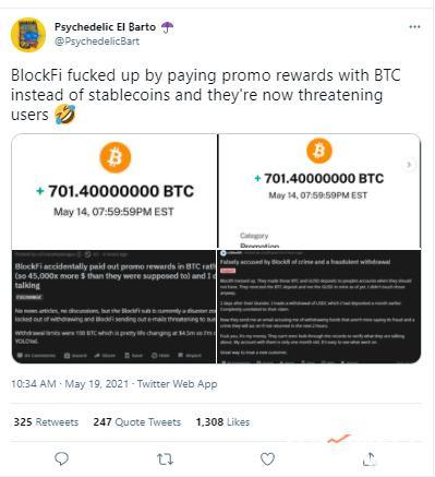 加密借贷公司BlockFi误将701 BTC作为活动奖励发送给用户