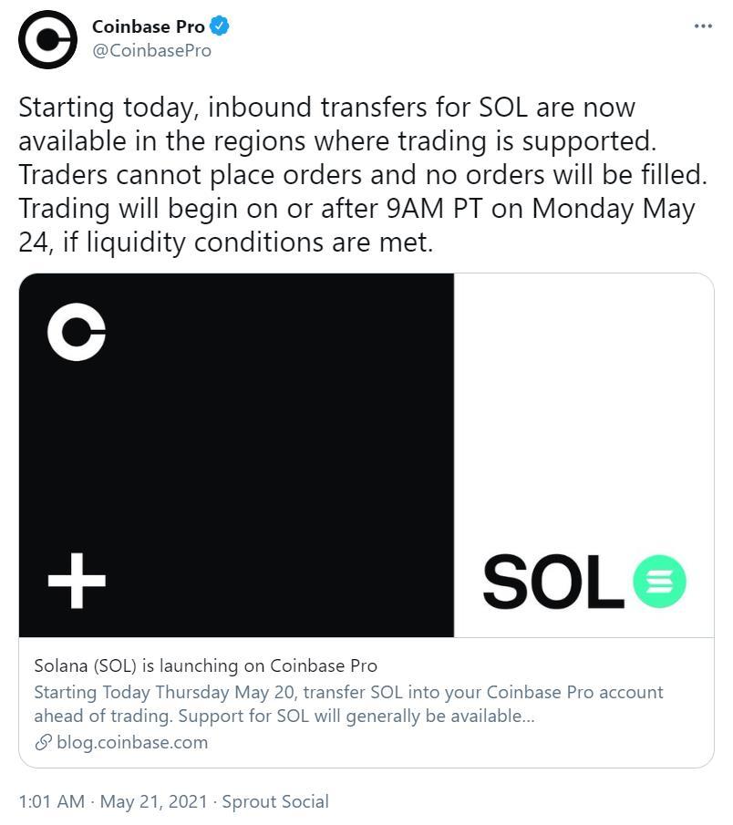 Coinbase Pro即将上线Solana代币SOL
