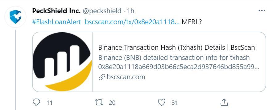 BSC生态自动收益聚合器Merlin疑似遭到攻击