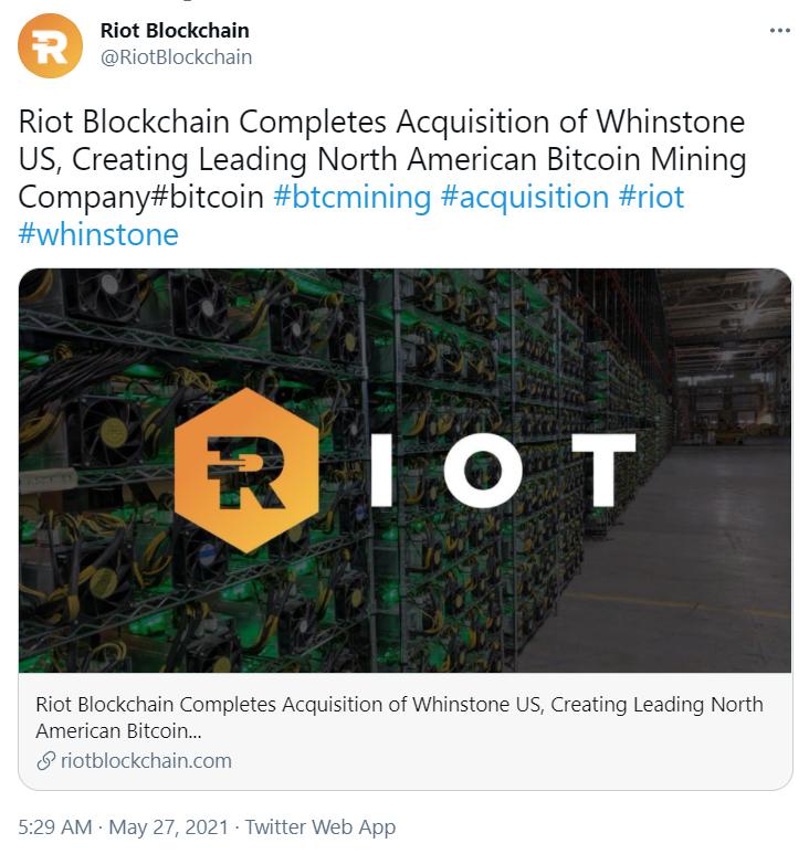 纳斯达克上市矿企Riot Blockchain宣布完成对挖矿公司Whinstone的收购