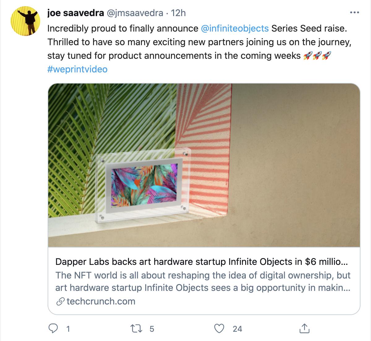 加密艺术初创公司Infinite Objects完成600万美元融资，Dapper Labs、Courtside VC 领投
