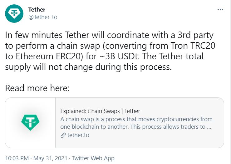 Tether分三次共增发30亿枚USDT，或已完成换链