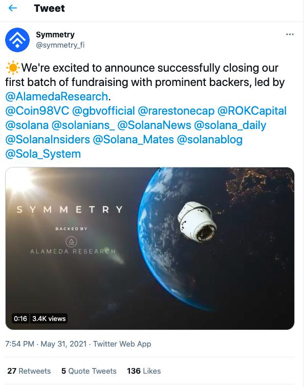 基于Solana的加密指数协议Symmetry完成首轮融资，Alameda Research领投