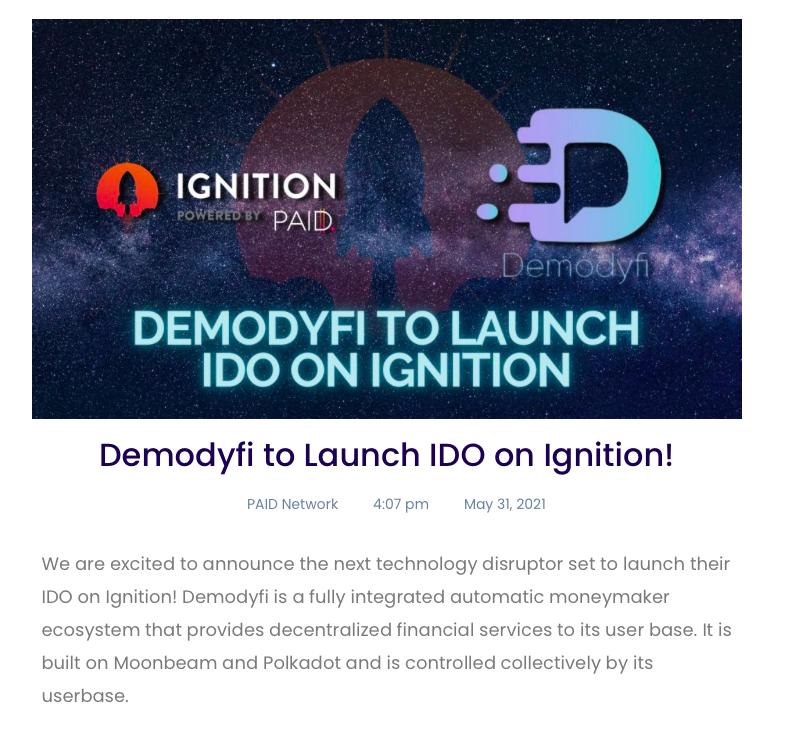 自动化做市商平台Demodyfi将于6月10日在Ignition进行IDO