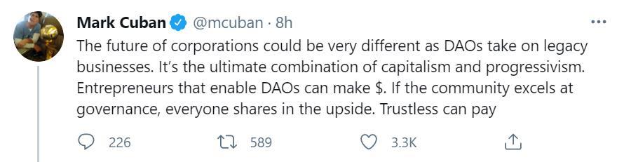 马克库班：DAO可以接管传统组织
