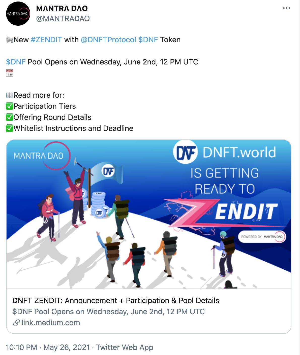 DNFT 将于6月2日在 Mantra DAO 上启动 IDO