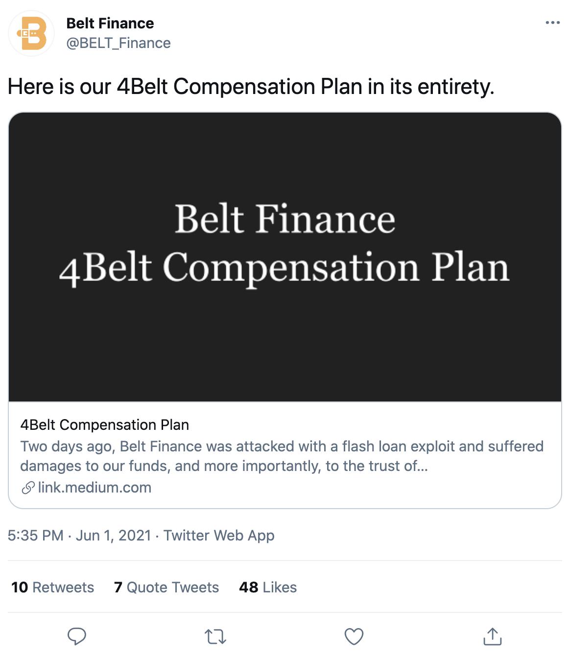 Belt 发布补偿方案：为受损用户空投新代币，发起300万美元回购基金