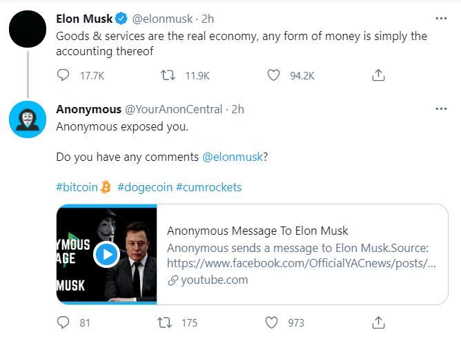 黑客组织Anonymous盯上马斯克，并在挑战视频中抨击其操纵加密市场