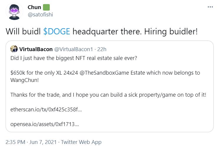 鱼池联合创始人王纯以65万美元购买虚拟土地