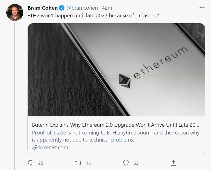 Chia创始人：猜测ETH2.0因团队无法执行等原因被推迟