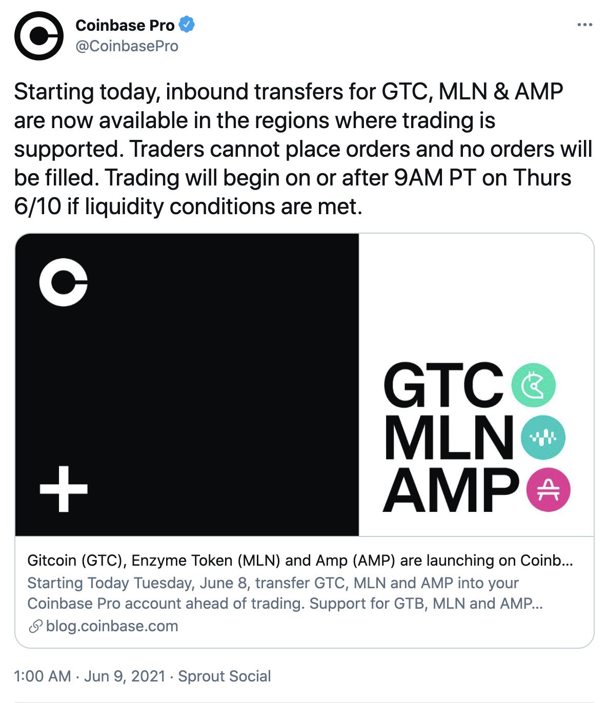 Coinbase Pro 宣布上线 GTC、MLN 和 AMP