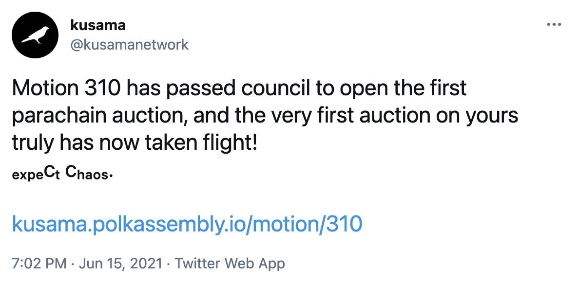 Kusama首个平行链插槽拍卖已启动