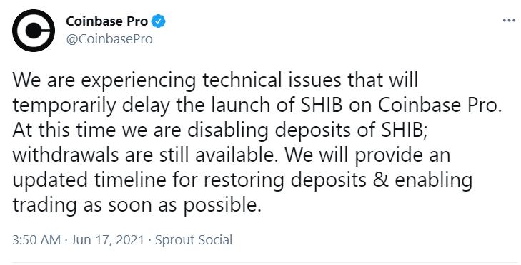 Coinbase Pro将暂时推迟上线SHIB，并禁止SHIB充值