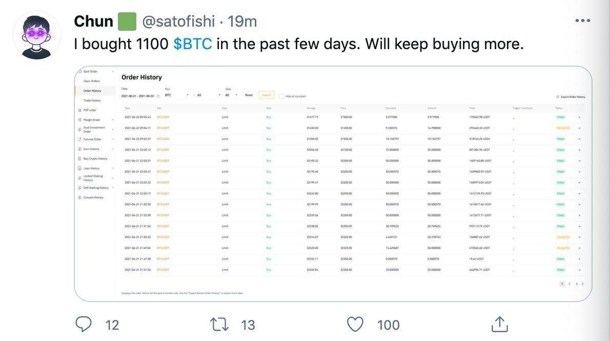 F2pool联合创始人王纯称近日购入1100个比特币