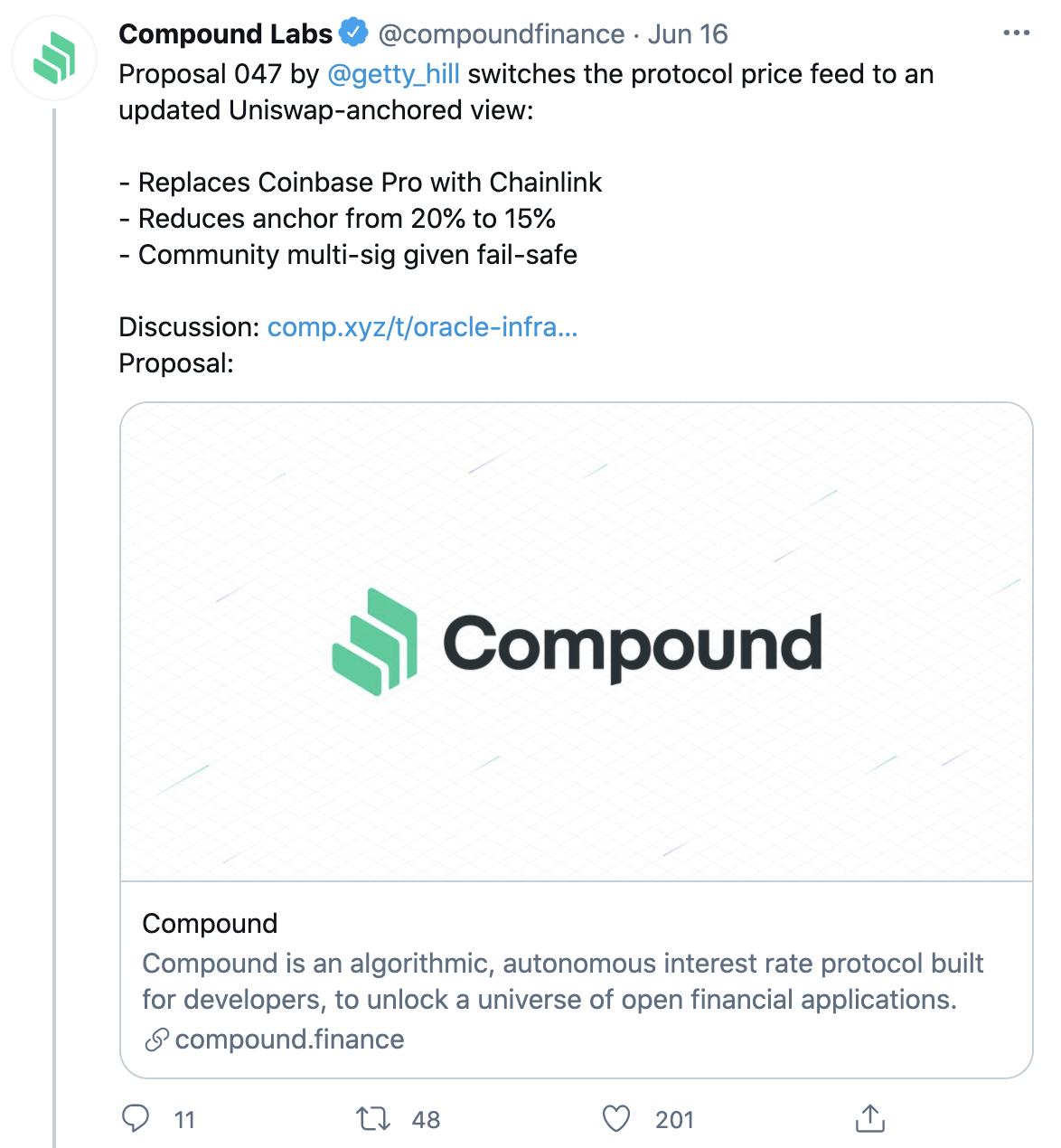Compound 新提案通过将采用 Chainlink 喂价代替 Coinbase