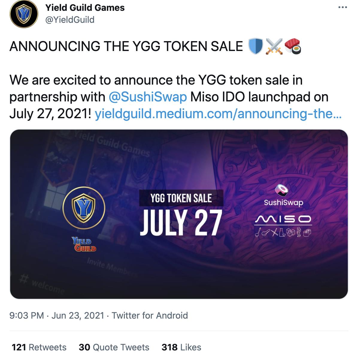 链游公会 Yield Guild Games 将于7月27日在 MISO 平台开启 YGG 代币销售