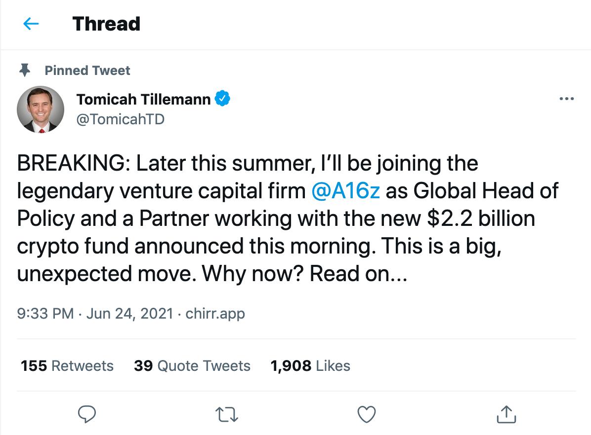 美国前国务卿高级顾问宣布将加入A16z并任加密货币基金合伙人