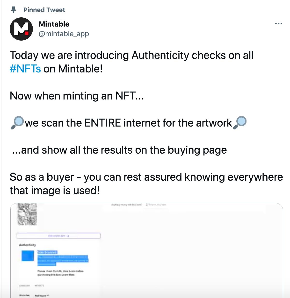 NFT平台Mintable推出针对 NFT 作品的真实性检查功能