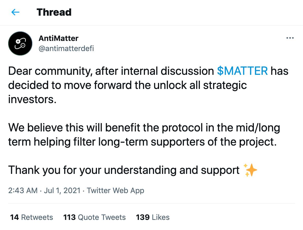 衍生品协议Antimatter提前解锁所有投资者代币份额，MATTER价格较年内高点下跌96%