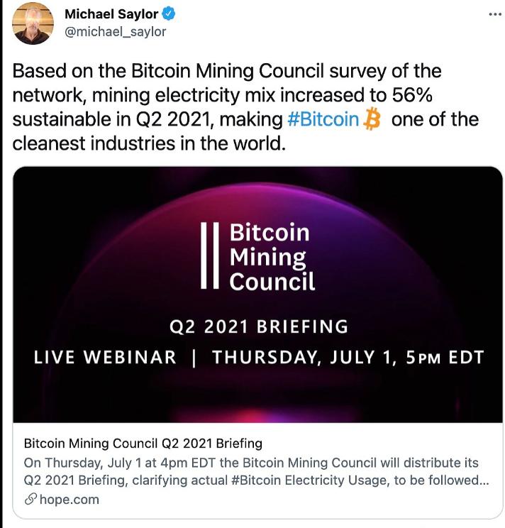 比特币挖矿委员会：比特币挖矿可持续电力在第二季度增至56%