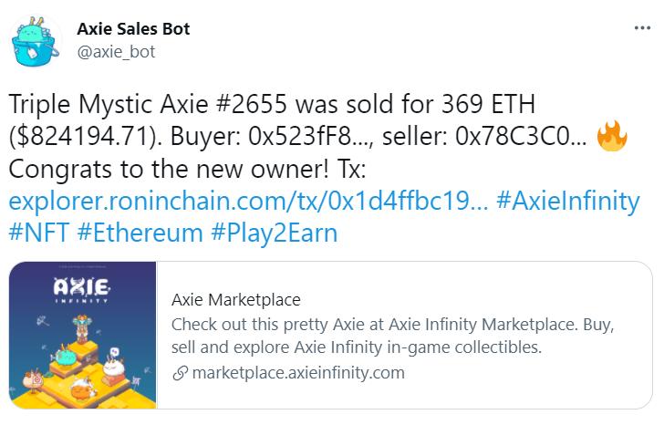 NFT游戏Axie Infinity的第2655号NFT作品以逾82万美元售出