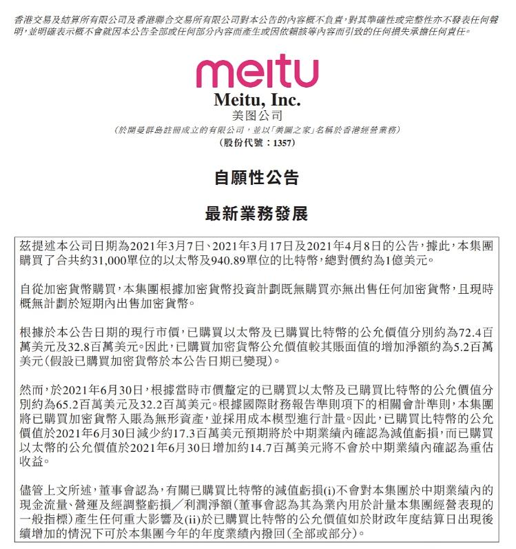 美图：比特币投资已亏损1700万美元，以太坊投资盈利1470万美元