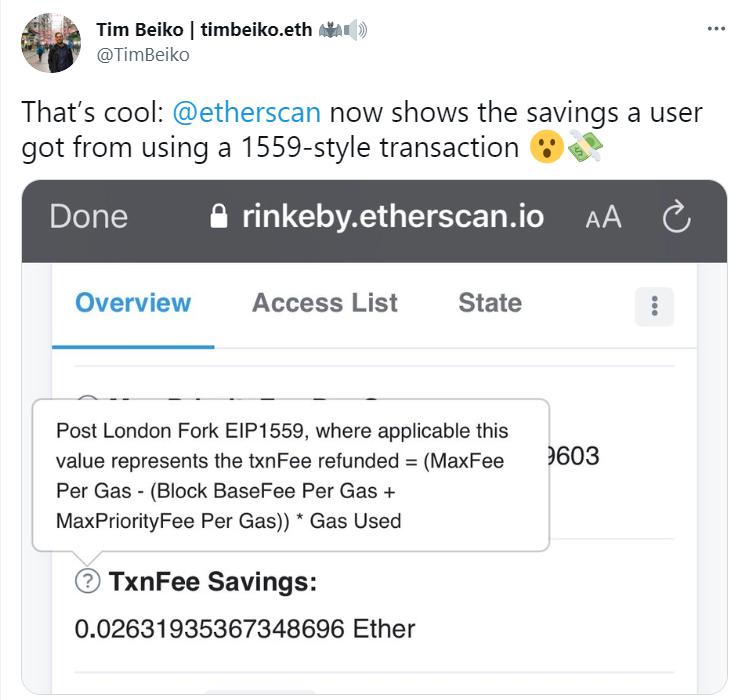 以太坊开发者：Etherscan可显示使用EIP-1559能节省的交易费用