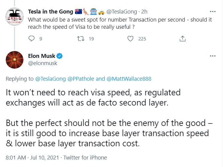 马斯克：加密交易不必达到Visa的速度，受监管的交易所将成为第二层