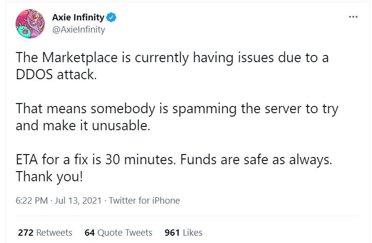 Axie Infinity 市场遭到 DDoS 攻击，官方称预计修复时长为 30 分钟