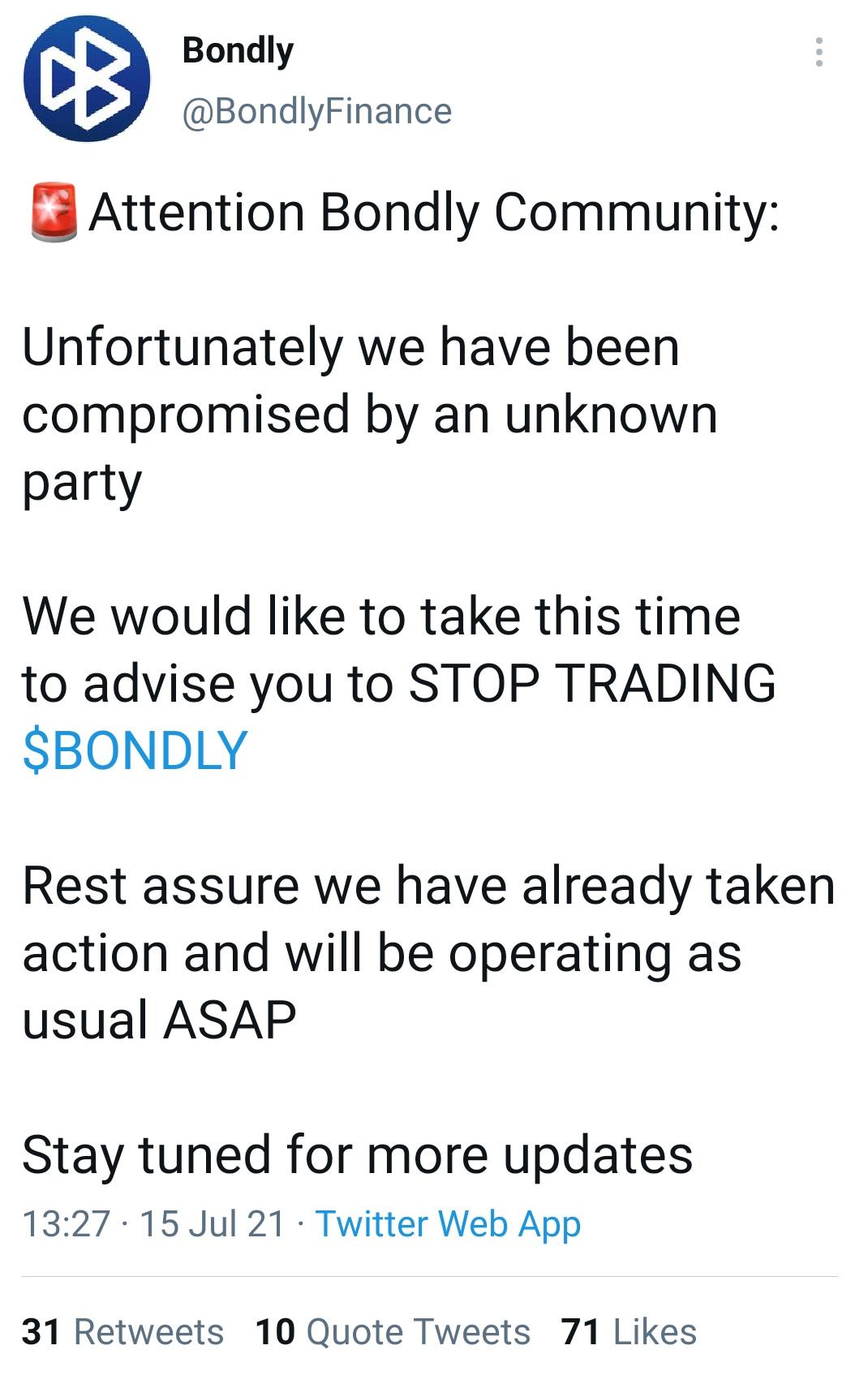 Bondly Finance官方证实遭到未知方攻击，建议用户停止交易BONDLY代币