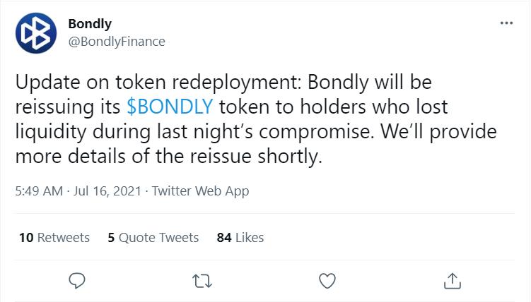 Bondly：将向在昨晚黑客事故中失去流动性的持有者重新发行Bondly代币