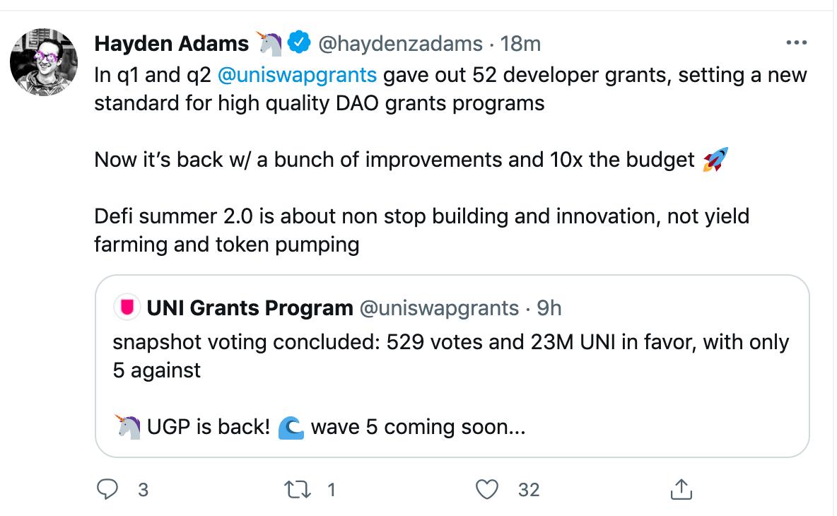 Uniswap Grants将开启第五轮捐赠，预算为此前10倍