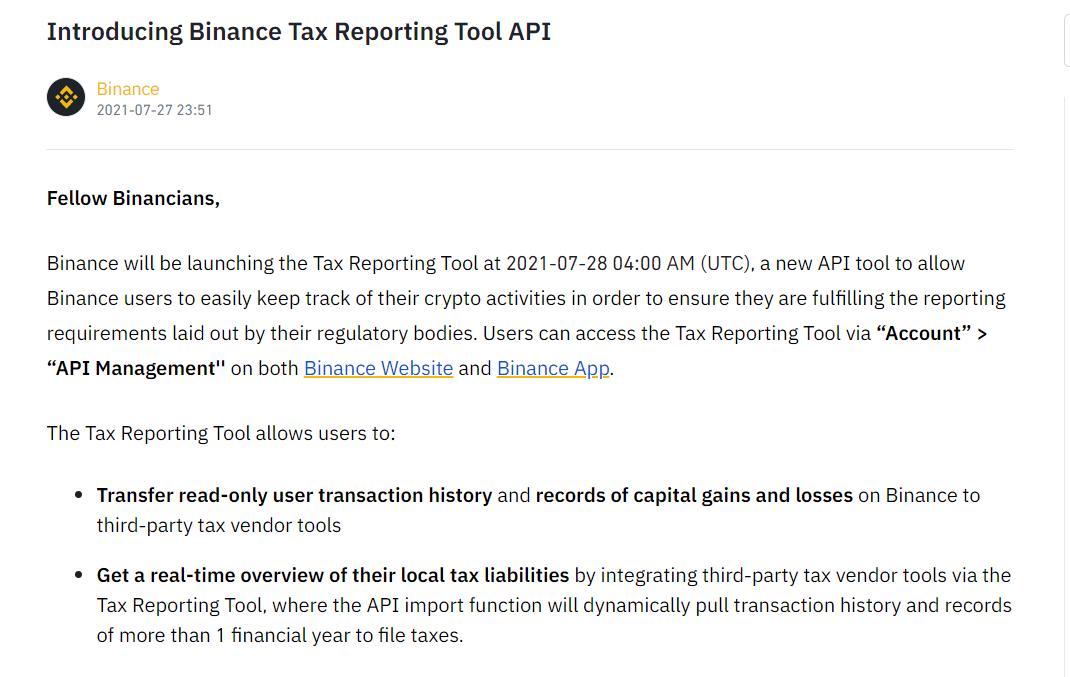 币安上线报税工具API，以符合监管机构报税要求