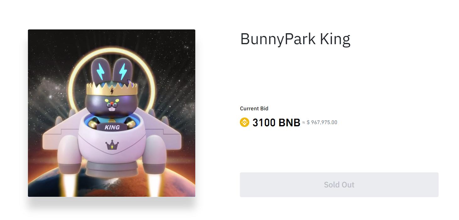 BunnyPark NFT“BunnyPark KING”在币安NFT以3100 BNB结束拍卖，创币安NFT Collectible类别最高拍卖记录