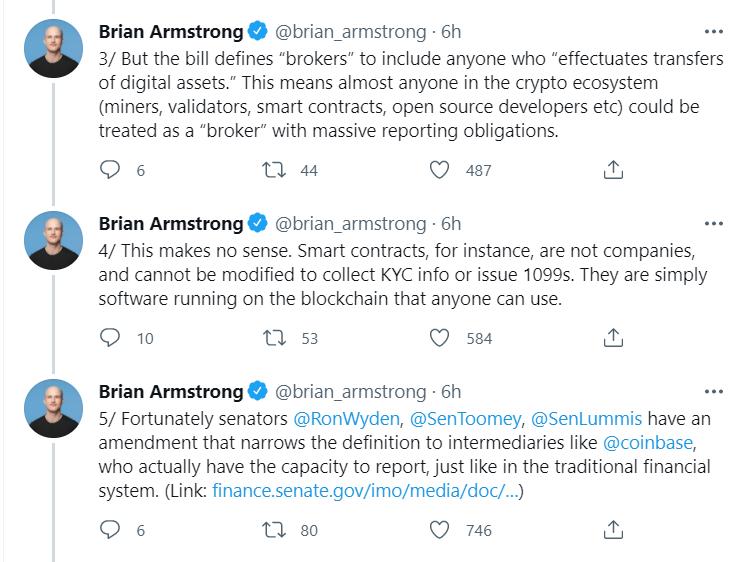 Coinbase CEO：希望新基建法案删除对加密货币持有者进行全面监控的要求