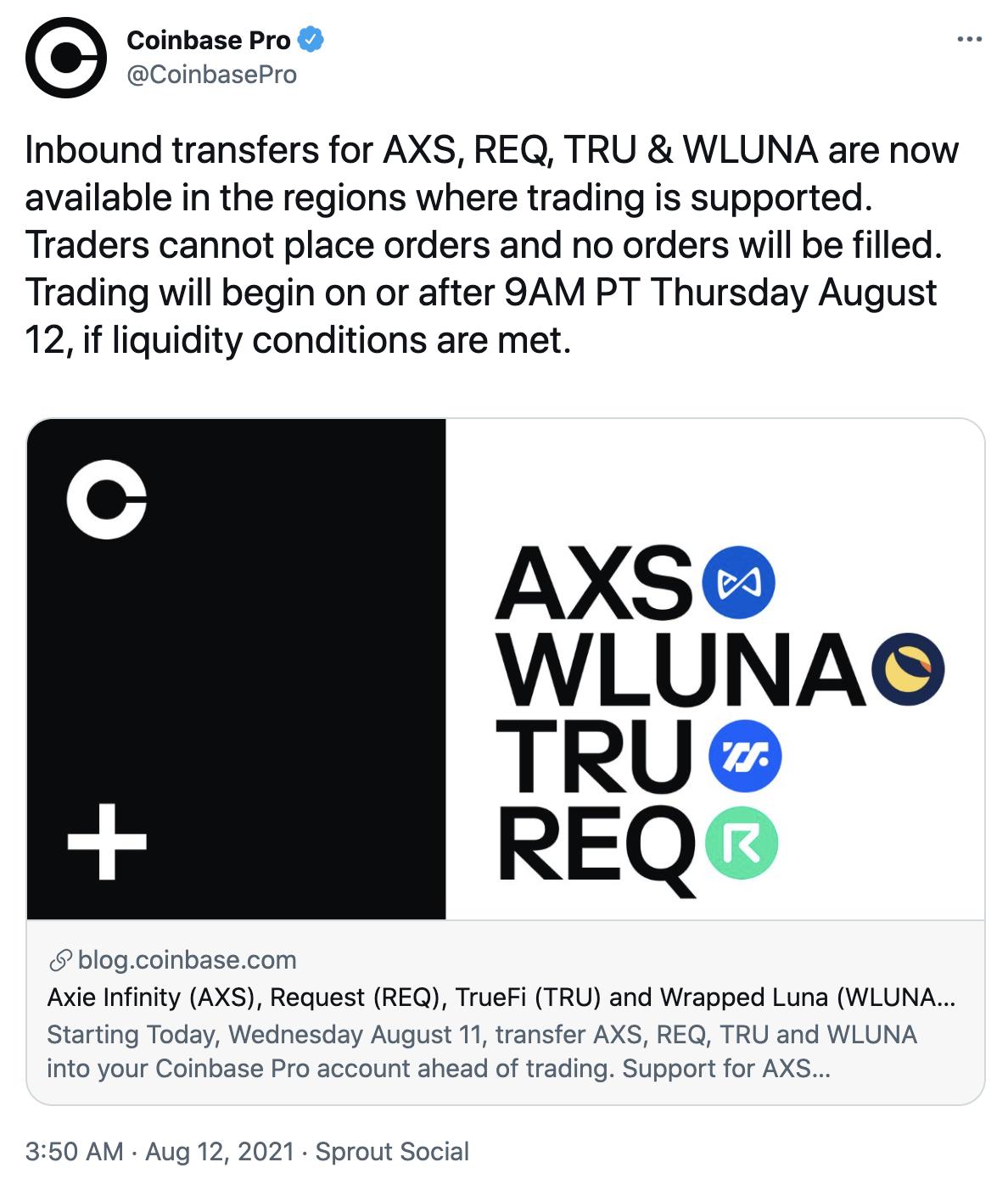 Coinbase Pro将上线 AXS、REQ、TRU与WLUAN