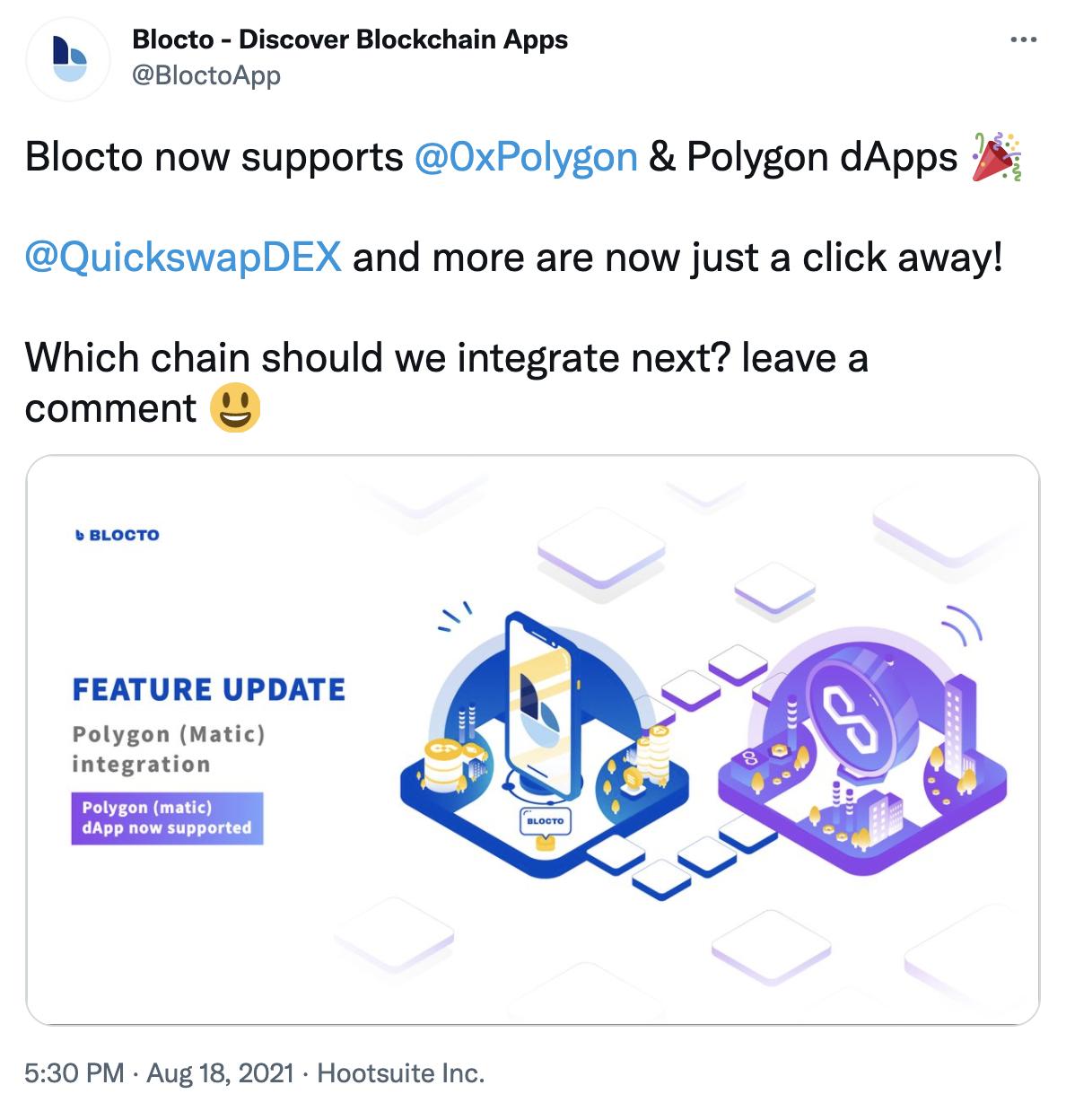 跨链智能合约钱包 Blocto 宣布集成 Polygon，现已支持Quickswap
