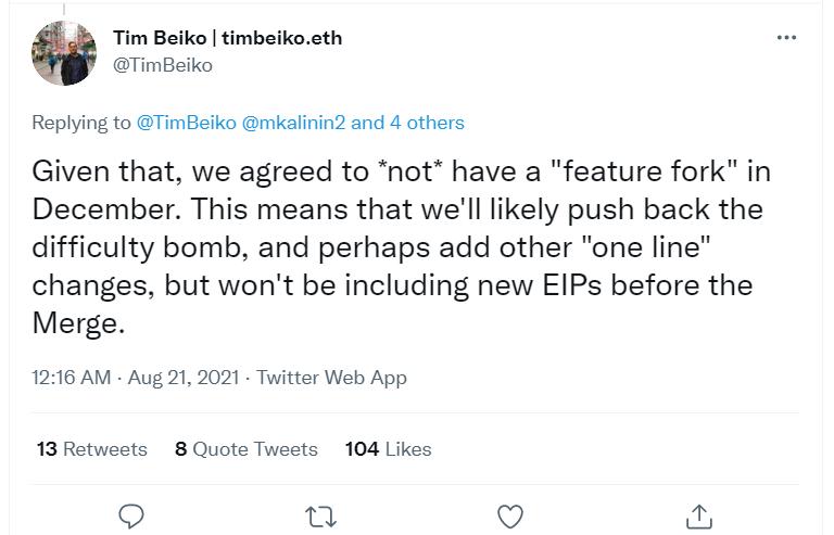 以太坊首席开发人员：以太坊难度炸弹或将再次被推迟