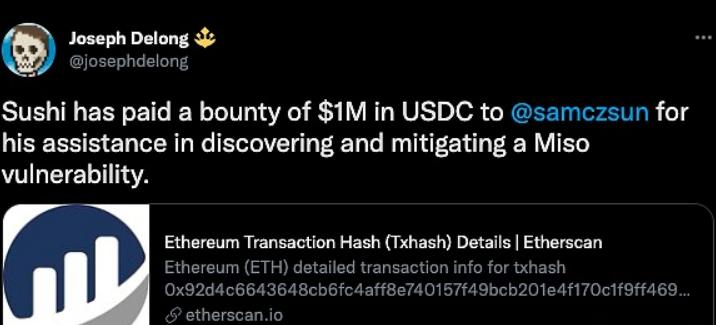 SushiSwap向白帽黑客samczsun支付100万USDC漏洞赏金