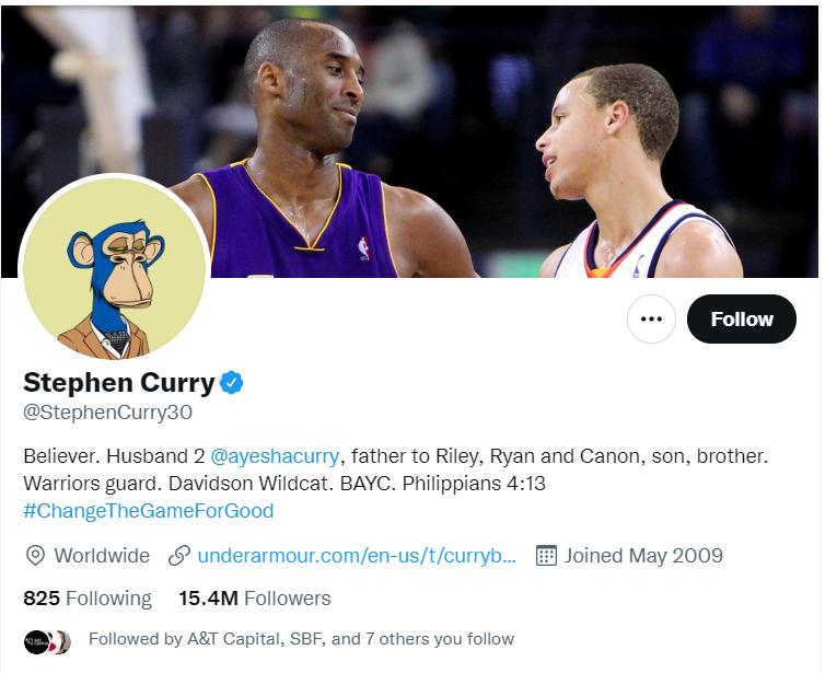 NBA球星库里的推特头像换成18万美元买下的“BAYC猿猴”