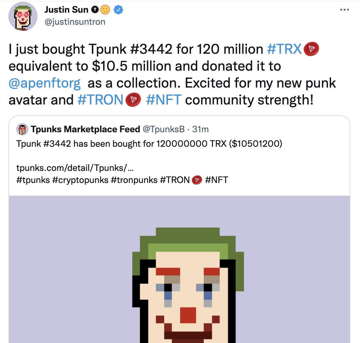 孙宇晨以1.2亿枚TRX购买Tpunk#3442，价值约1050万美元