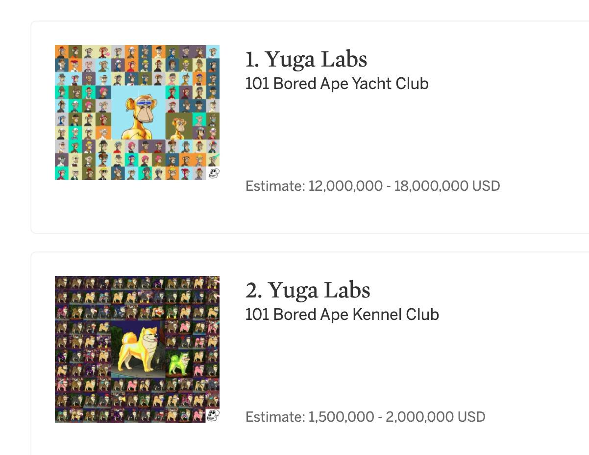 苏富比将于9月2日起拍卖共202个BAYC和BAKC NFT，接受加密货币支付