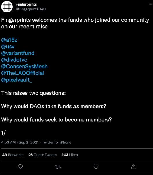 收藏家组织FingerprintsDAO完成新一轮融资， a16z、USV等参投
