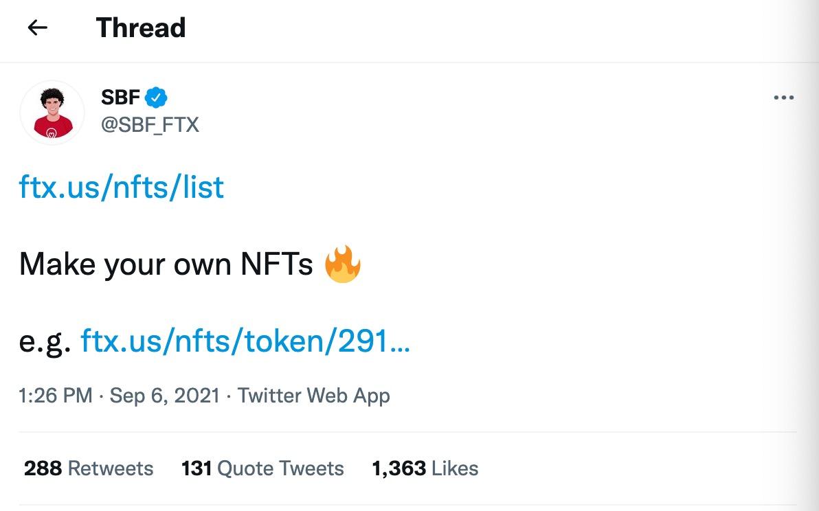 SBF：FTX.US上线NFT铸造功能，NFT存取功能将于接下来几周开放