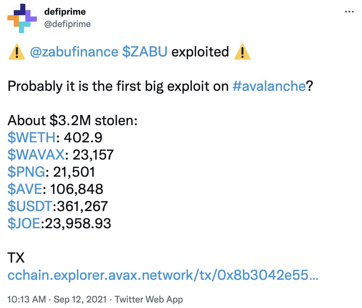 Zabu Finance被盗320万美元加密资产，或为Avalanche链上最大攻击事件