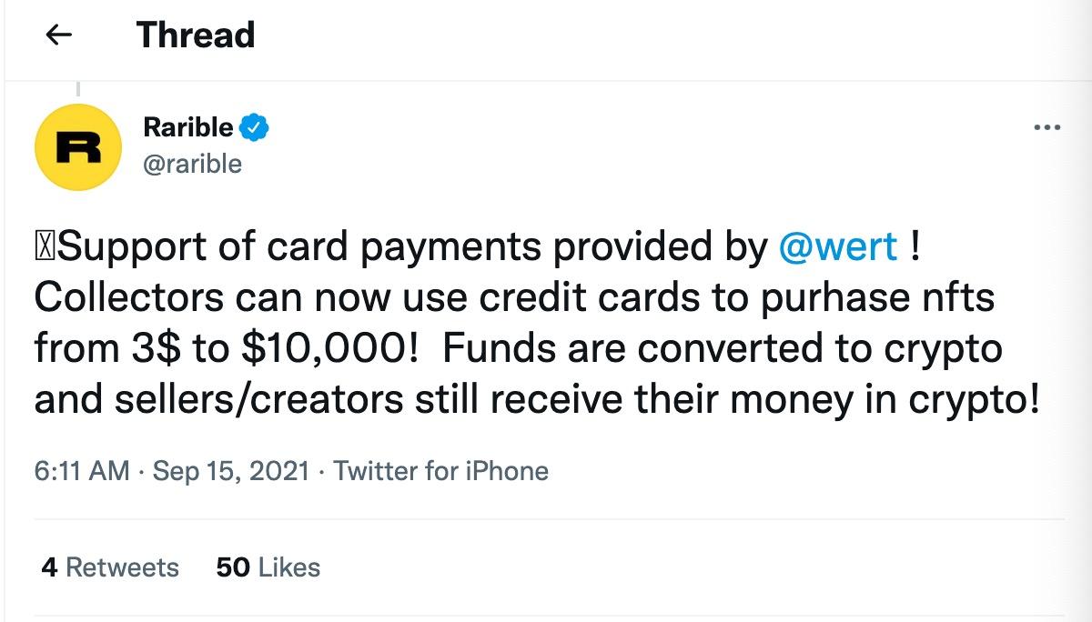NFT交易平台Rarible宣布支持信用卡支付，可购买3-10000美元NFT