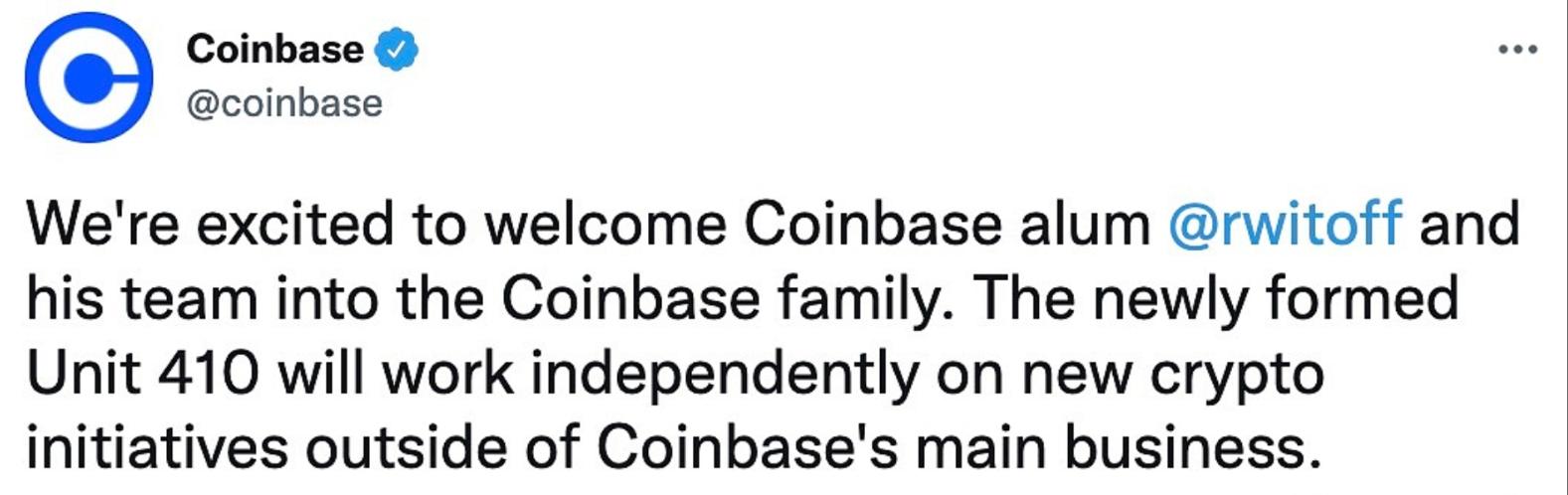 Coinbase成立专注于新加密计划的部门“UNIT 410”